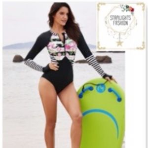 Floral Striped Zip Up One-piece Swim Rashguard